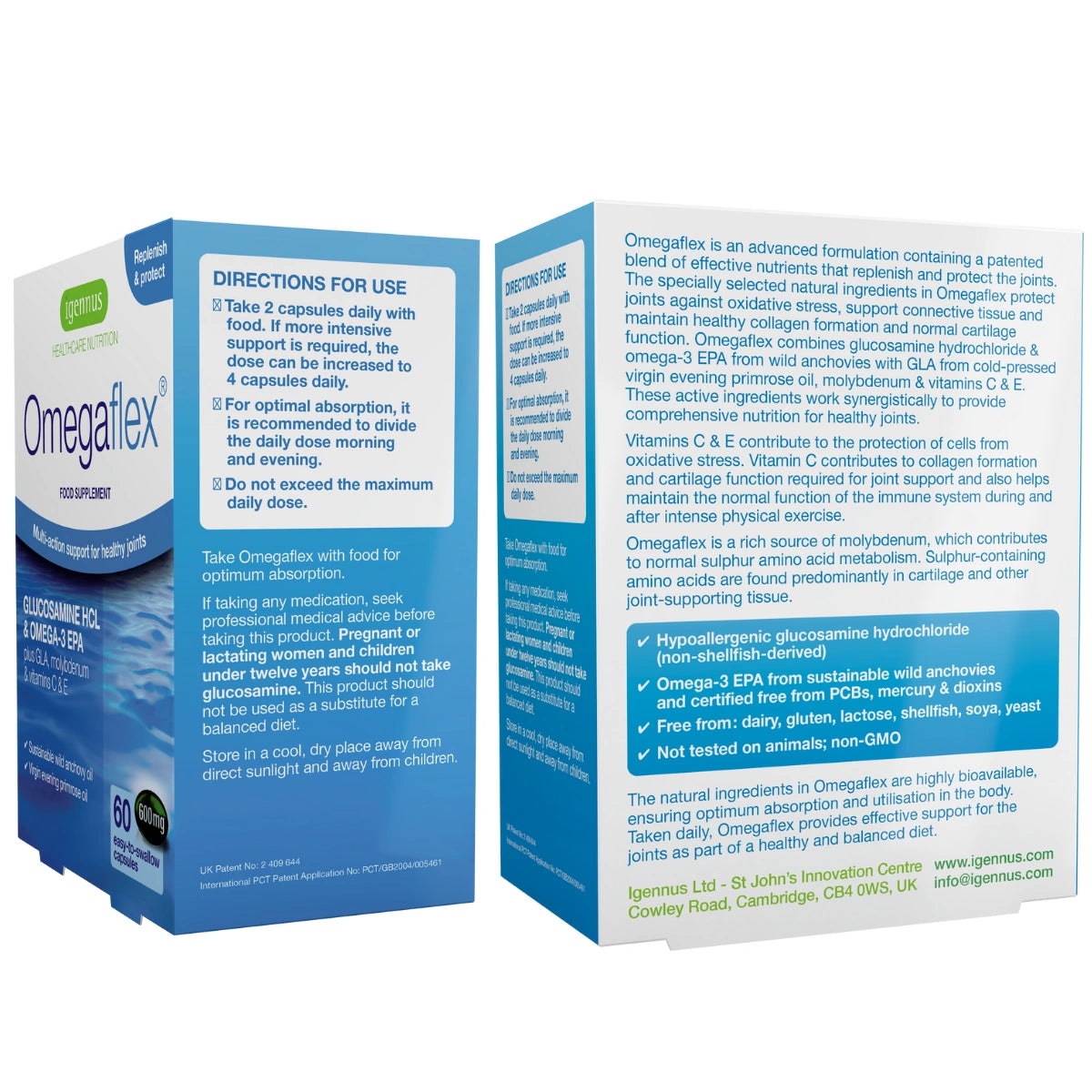 Two boxes of Omegflex with directions for use on a white background