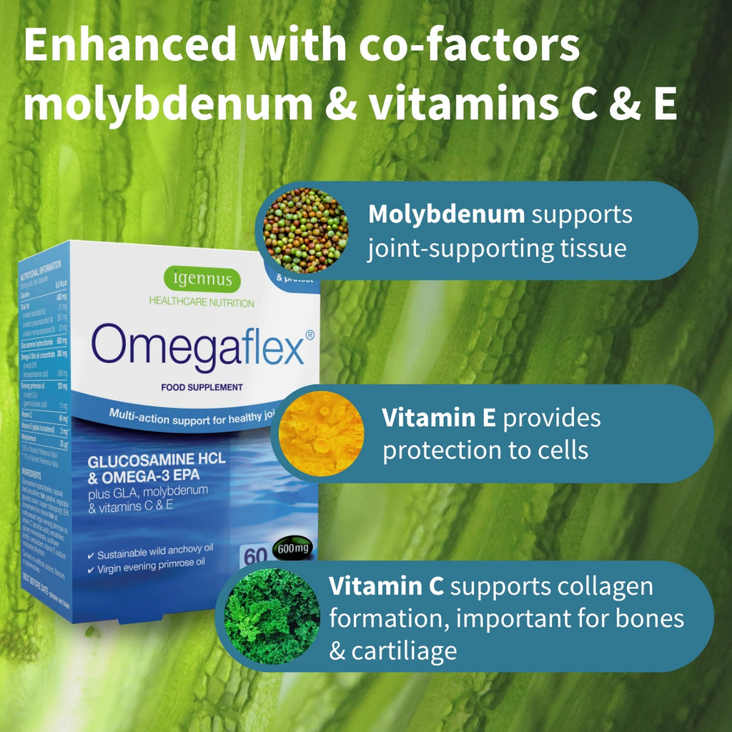 Omegaflex supplement box with text about co-factors molybdenum, vitamins C and E on a green leafy background.