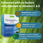 Omegaflex supplement box with text about co-factors molybdenum, vitamins C and E on a green leafy background.