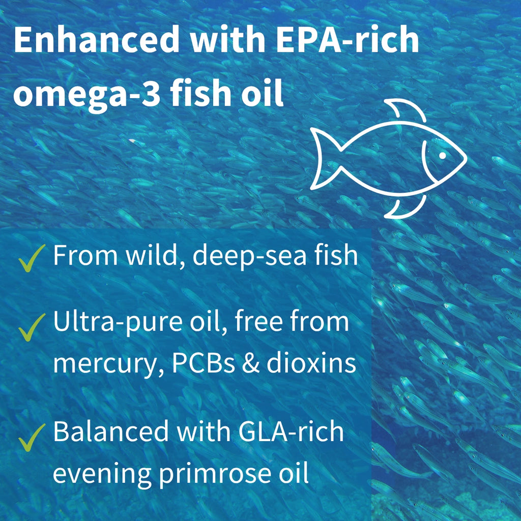 Fish oil product description with EPA and GLA content on a blue background with fish illustration
