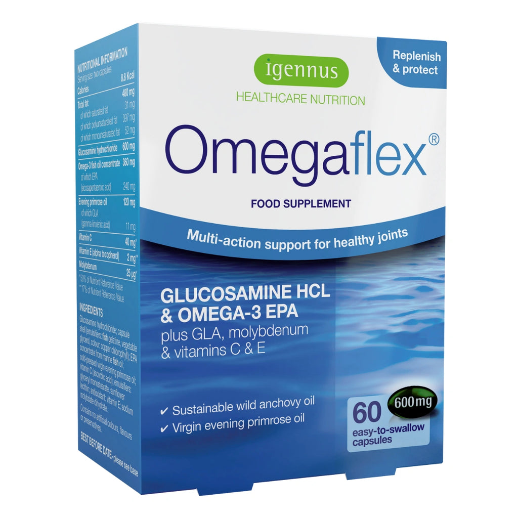 Box of Igennus Omegaflex health supplement on a white background