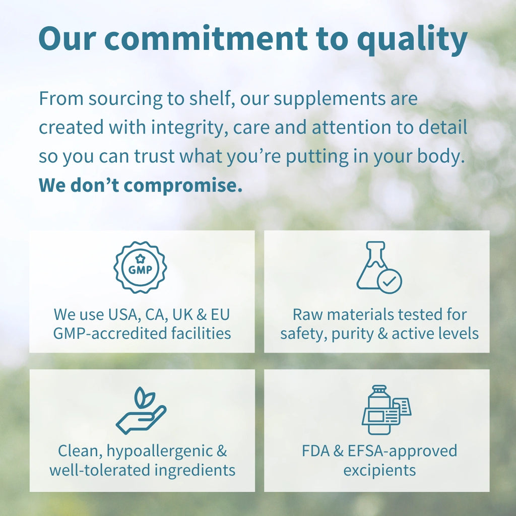 Quality commitment statement with icons and text on a blurred natural background