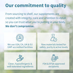 Quality commitment statement with icons and text on a blurred natural background