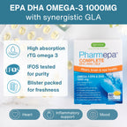 Pharmepa Complete EPA DHA GLA supplement packaging with product details on a white background
