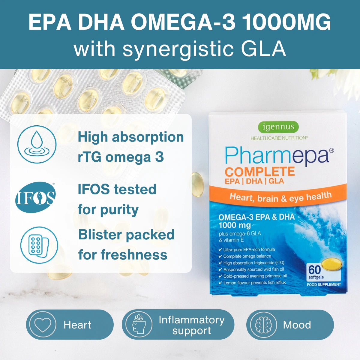 Pharmepa Complete EPA DHA GLA supplement packaging with product details on a white background