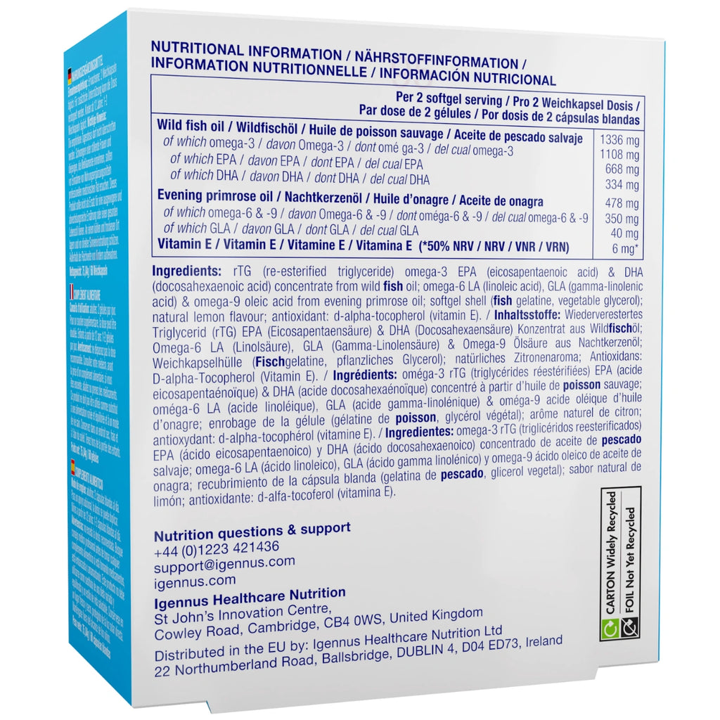 Nutritional information and ingredient list on a supplement package box.