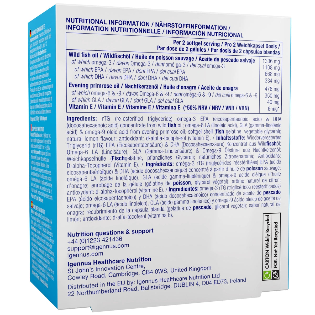 Nutritional information and ingredient list on a supplement package box.
