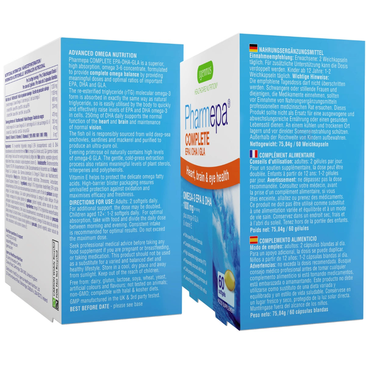 Two boxes of Pharmepa Complete Omega EPA DHA supplement on a white background