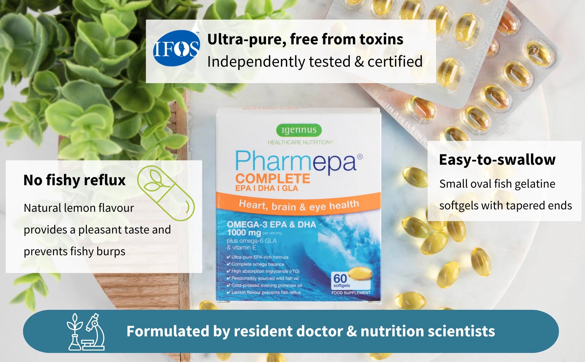 Pharmepa Complete supplement packaging with fish oil capsules and IFOS certification on a white background.