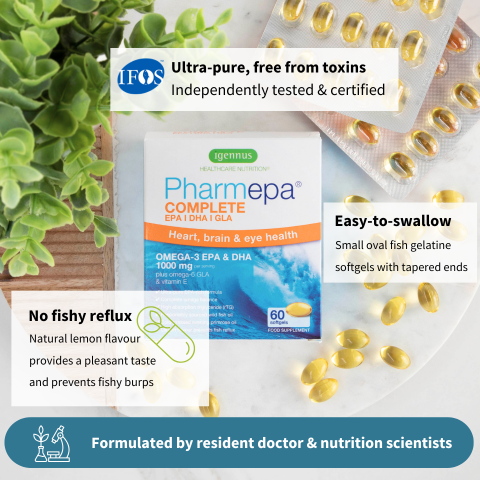 Pharmepa Complete supplement packaging with text highlighting features on a white background.