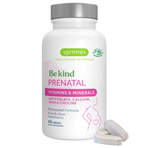 Igennus prenatal vitamins bottle with two tablets on a white background