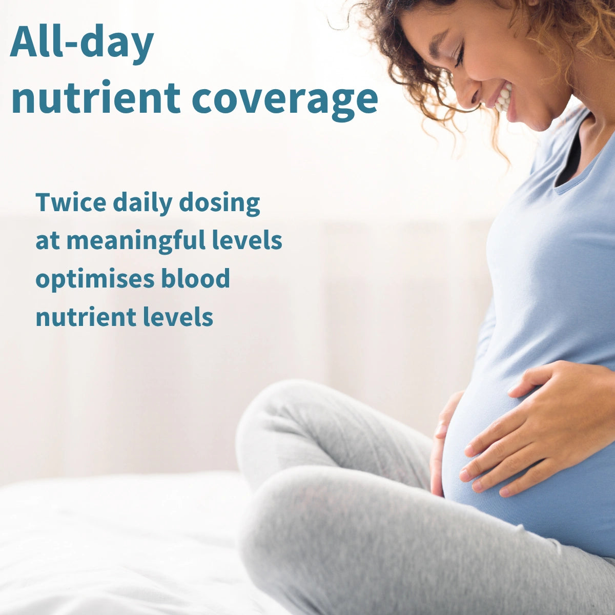Pregnant woman holding her belly with text about nutrient coverage and dosing.