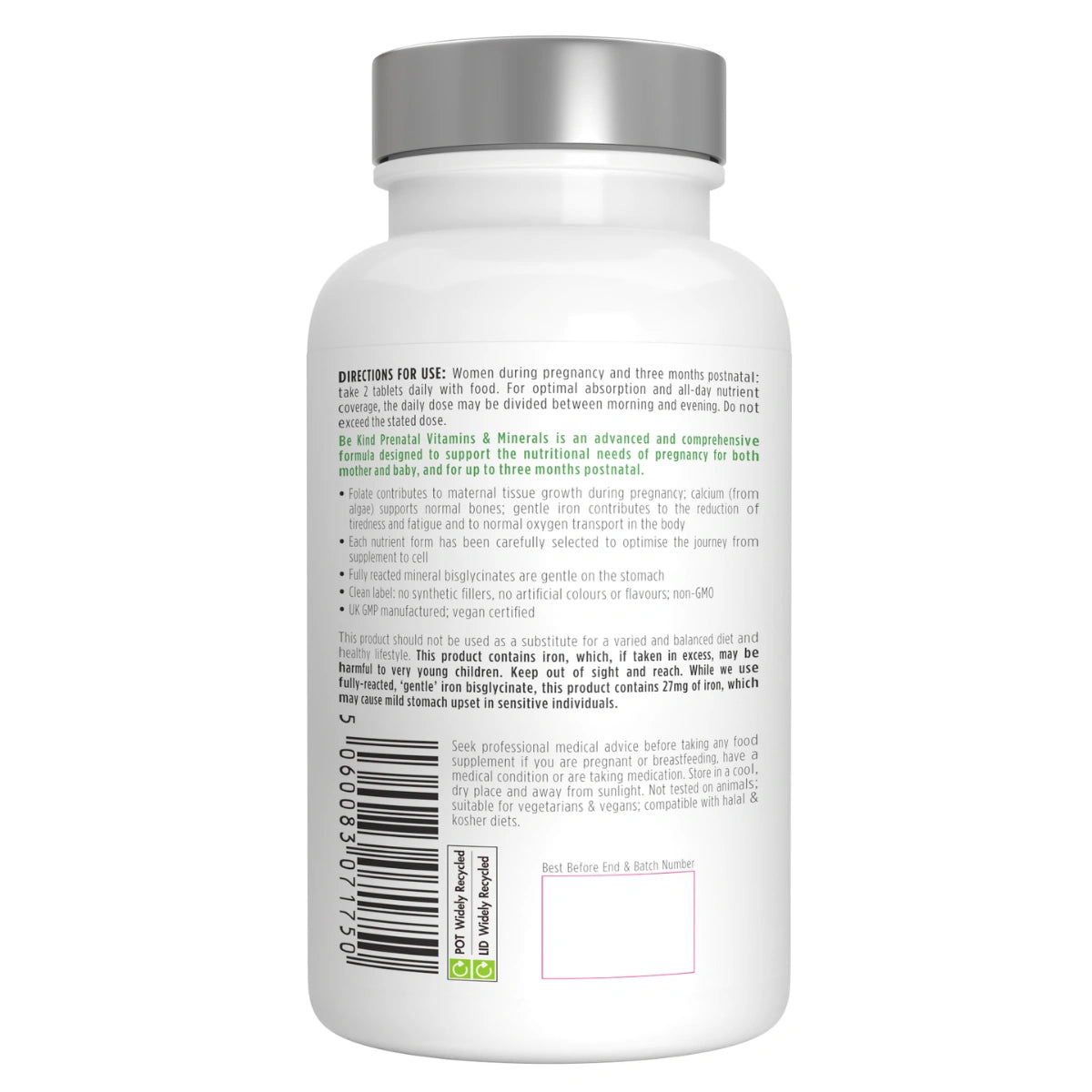Back view of a supplement bottle with text and a barcode on a white background