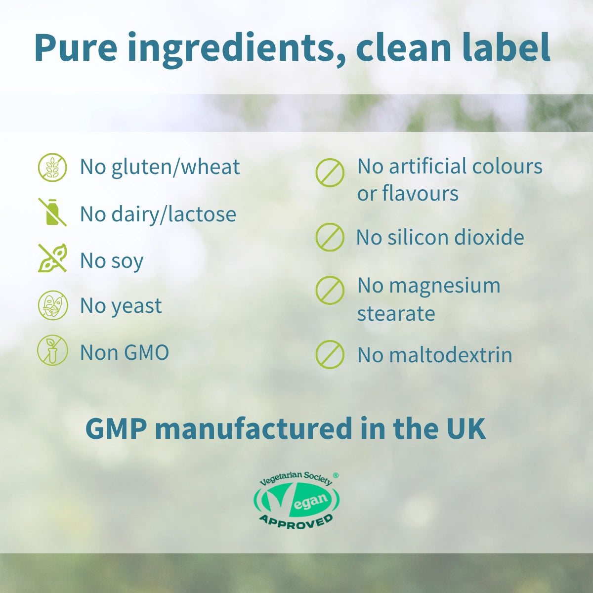 List of pure ingredients and manufacturing details on a green background with a focus on purity and ethical standards.