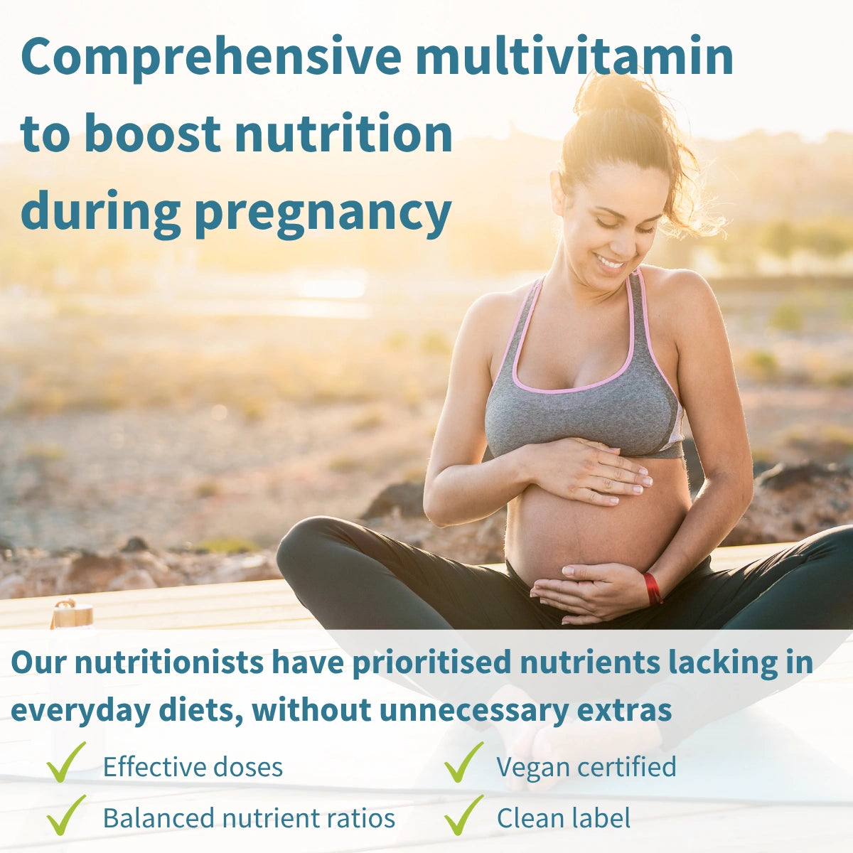 Pregnant woman sitting outdoors with text about a comprehensive multivitamin for pregnancy nutrition.