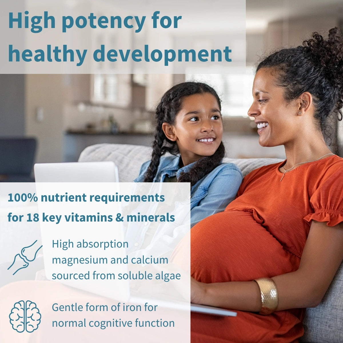Woman and child sitting on a couch with text about high-potency vitamins for healthy development.