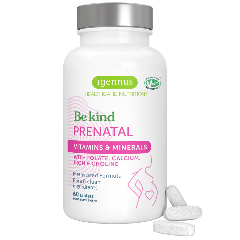 Igennus Be Kind Prenatal vitamins & minerals supplement bottle with tablets on a white background