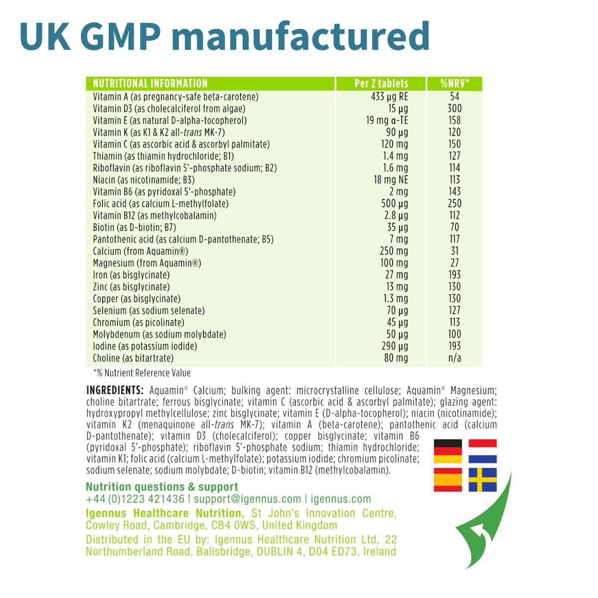 Nutritional information and ingredient list for a product manufactured in the UK according to GMP.
