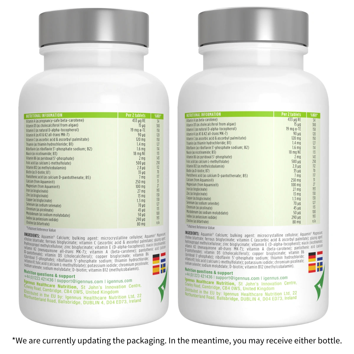 Two white supplement bottles with silver caps and nutritional information labels.