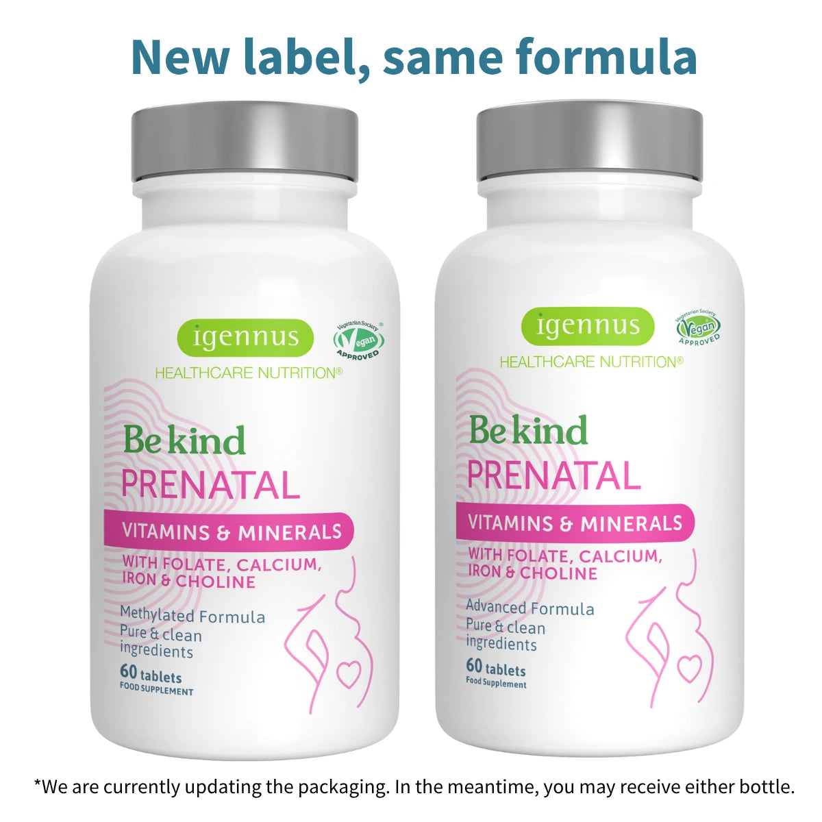 Two bottles of Igennus Be Kind Prenatal vitamins on a white background