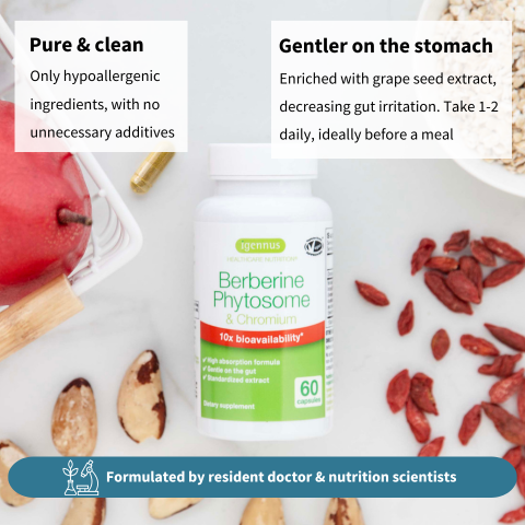 Berberine Phytosome supplement bottle with health benefits text and ingredients on a white background