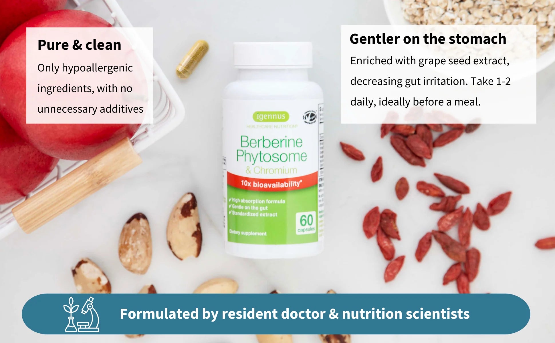 Berberine Phytosome supplement bottle with goji berries and other ingredients on a white background