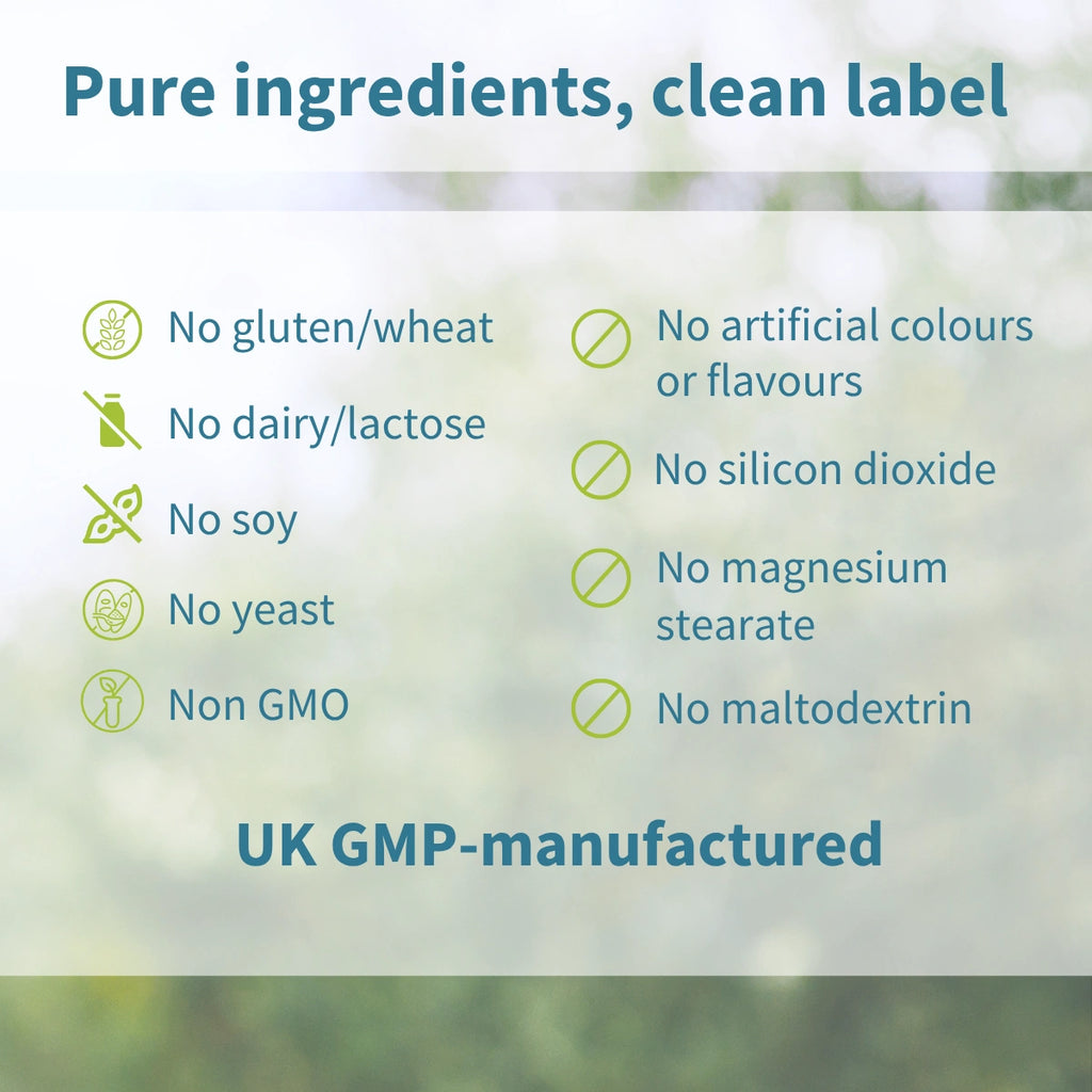 List of pure ingredients and manufacturing details on a blurred natural background