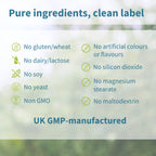 List of pure ingredients and manufacturing details on a blurred natural background