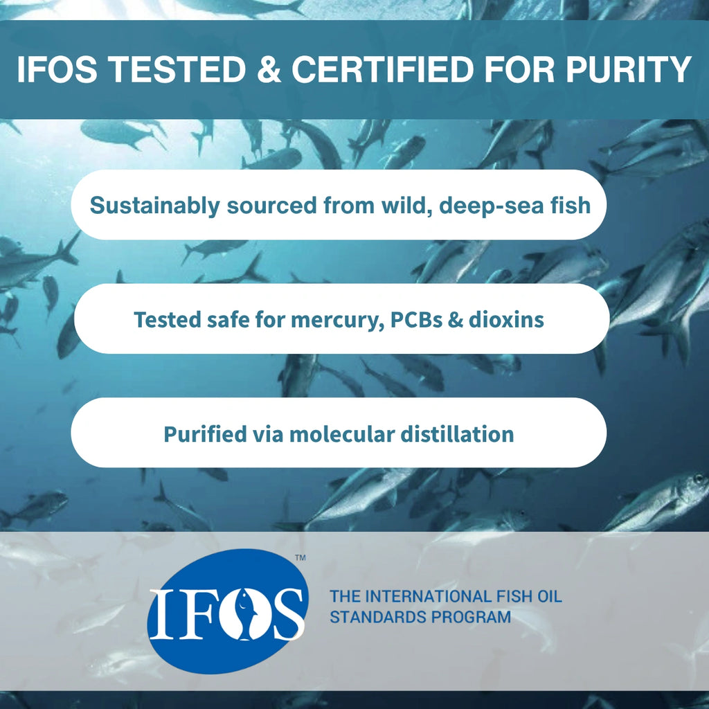 Advertisement for IFOS-tested fish oil with underwater scene and certification details.