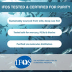 Advertisement for IFOS-tested fish oil with underwater scene and certification details.