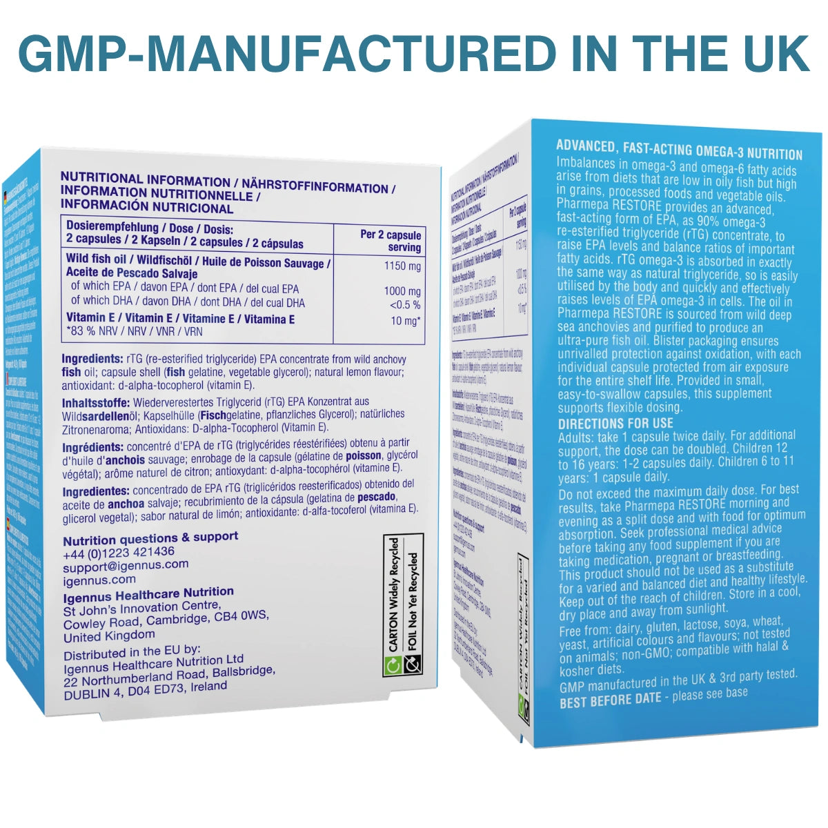 Nutritional supplement packaging with text on a white background