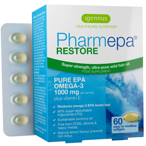 Pharmepa Restore Omega-3 supplement packaging with fish oil capsules on a white background