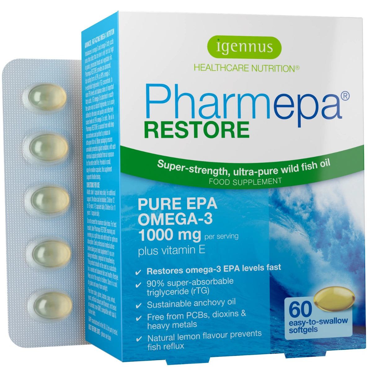 Pharmepa Restore Omega-3 supplement packaging with fish oil capsules on a white background
