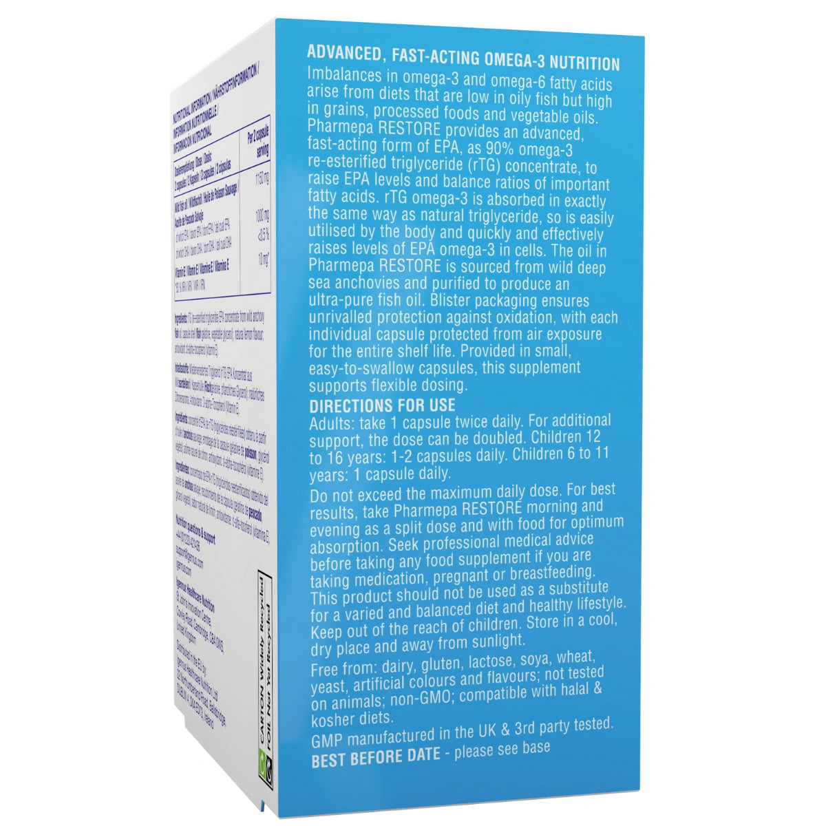 Supplement packaging with blue and white design, text on a white background