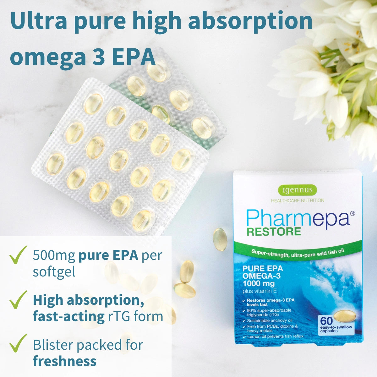 Pharmepa Restore omega-3 supplement packaging with pills and flowers on a light background