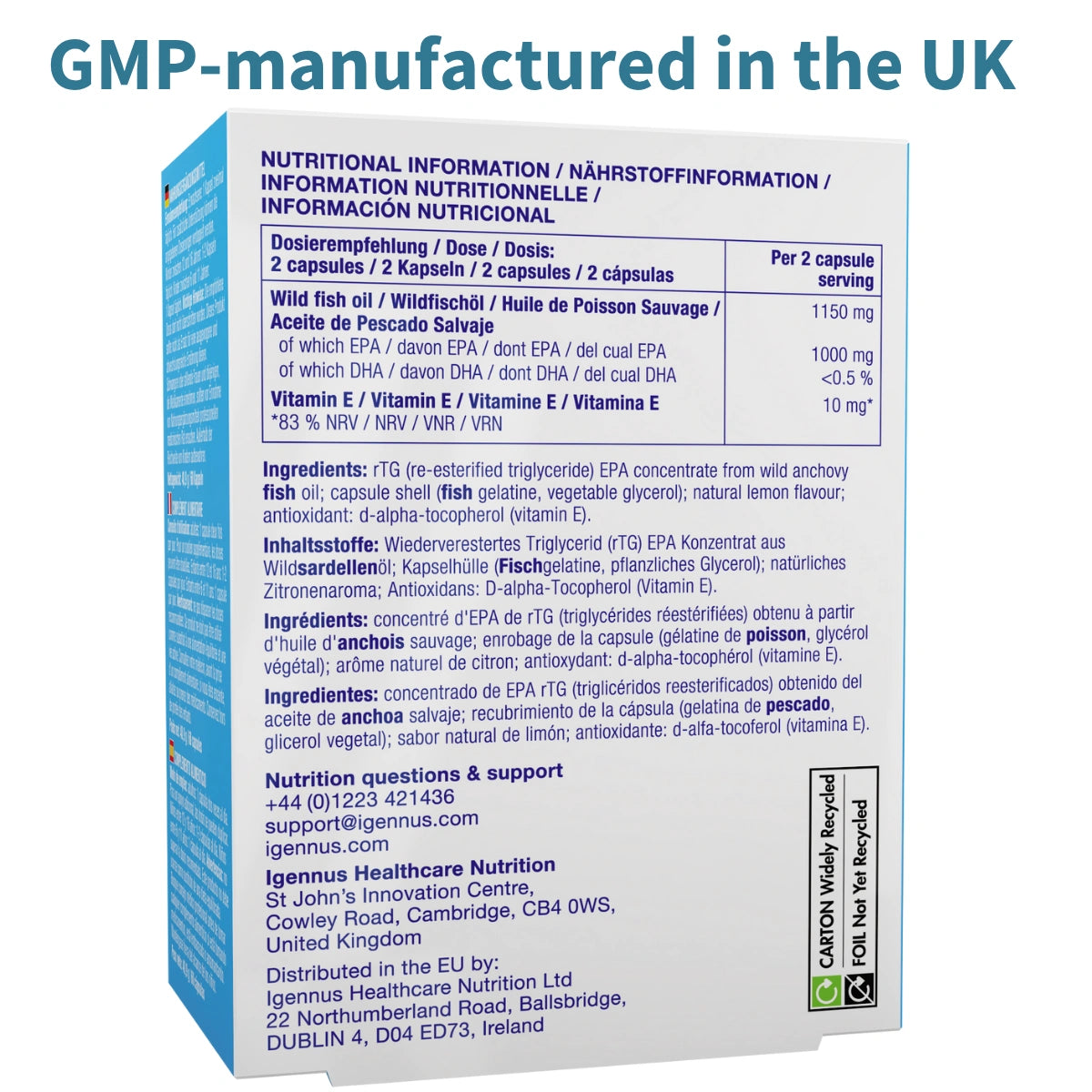 Nutritional supplement package with blue and white design, displaying nutritional information and ingredients.