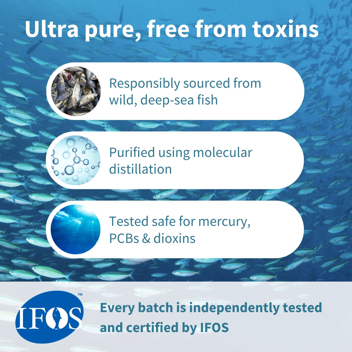 Advertisement for ultra-pure, toxin-free product with deep-sea fish imagery and IFOS certification logo.