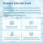 Promotional text about evidence-based nutrition and in-house development by nutrition scientists and a resident doctor.