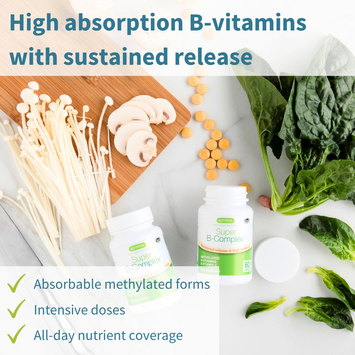 Supplement bottle with mushrooms, spinach, and pills on a white surface with text about high absorption B-vitamins.