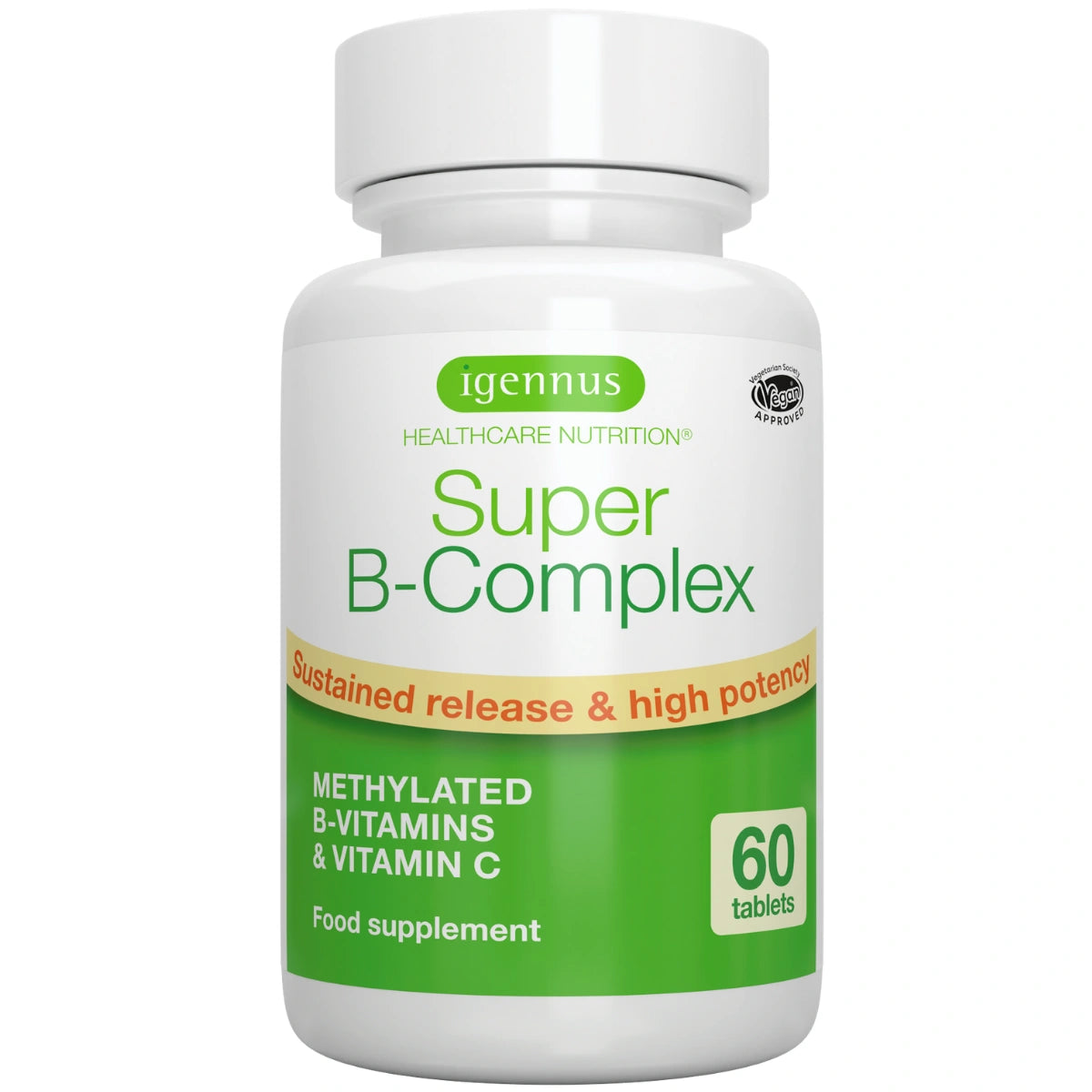 Supplement bottle labeled 'Super B-Complex' by Igennus on a white background