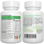 Two white supplement bottles with labels showing directions for use, nutritional information, and ingredients.