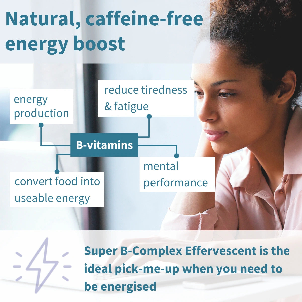 Woman looking out a window with text about B-vitamins and energy boosters.