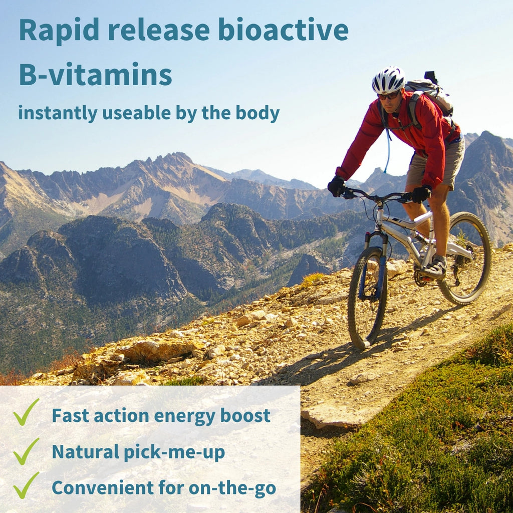 Person mountain biking on a trail with text about rapid release bioactive B-vitamins.
