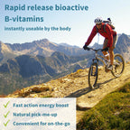 Person mountain biking on a trail with text about rapid release bioactive B-vitamins.