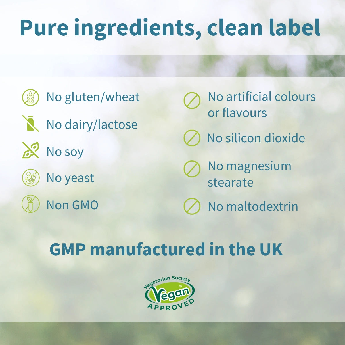 List of pure ingredients and certification details on a green background