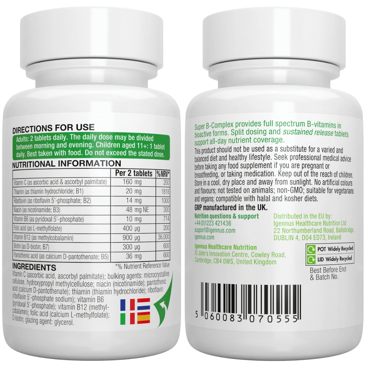 Two white supplement bottles with labels showing directions, nutritional information, and ingredients.