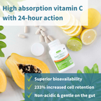 Vitamin C supplement with lemons, papaya, and text highlighting benefits on a white background