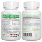 Two white supplement bottles with labels showing directions for use and nutritional information.