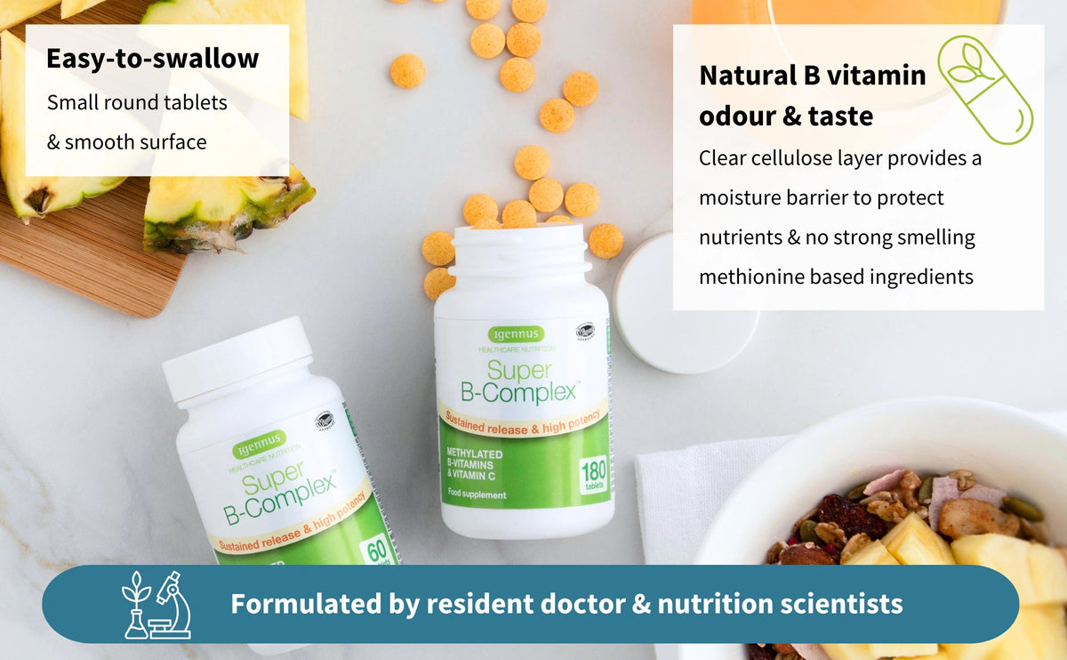 Super B Complex supplement bottle with ingredients and benefits displayed on a white background