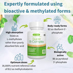 Super B-Complex supplement bottle with health benefits text on a light background